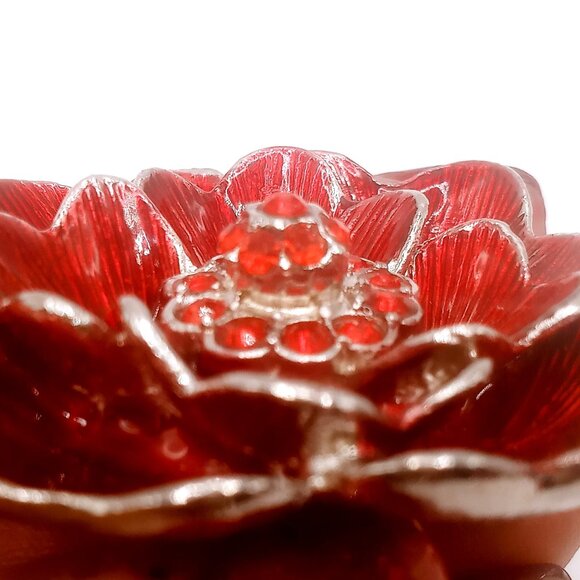 Vintage Brooch Floral Silver-tone Metal Alloy Red Enamel Rhinestone 2" Diameter - Picture 3 of 8
